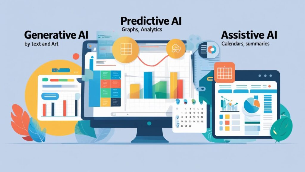 Beginner’s guide to AI: Illustration of Generative, Predictive, and Assistive AI types with icons