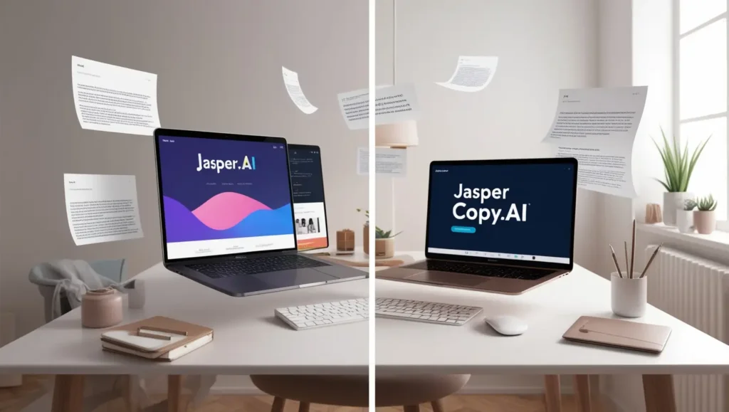 AI Tools for Beginners: Laptop showing Jasper AI and Copy.ai generating blog posts and emails