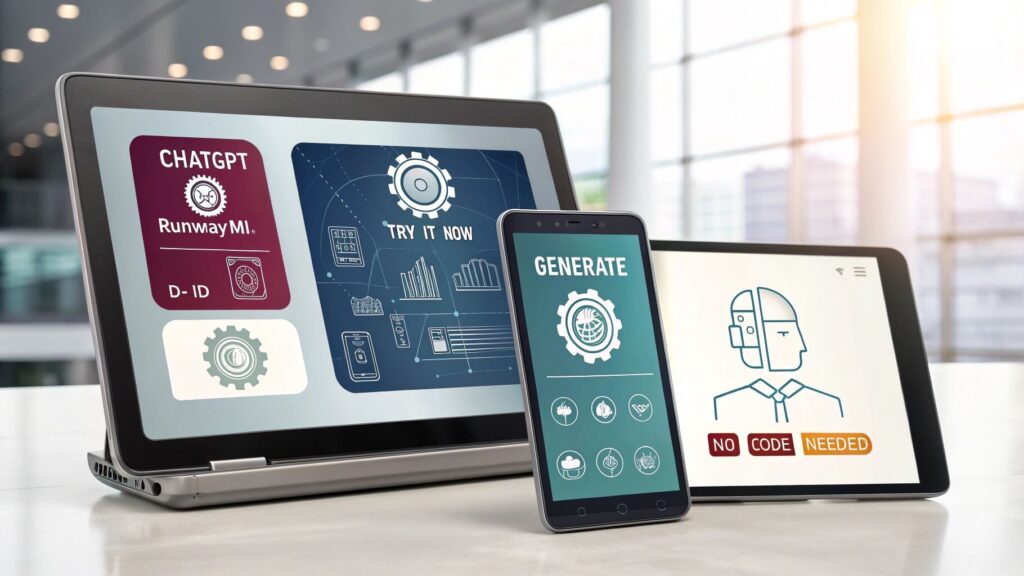 AI tools like ChatGPT and RunwayML shown on modern devices with beginner labels