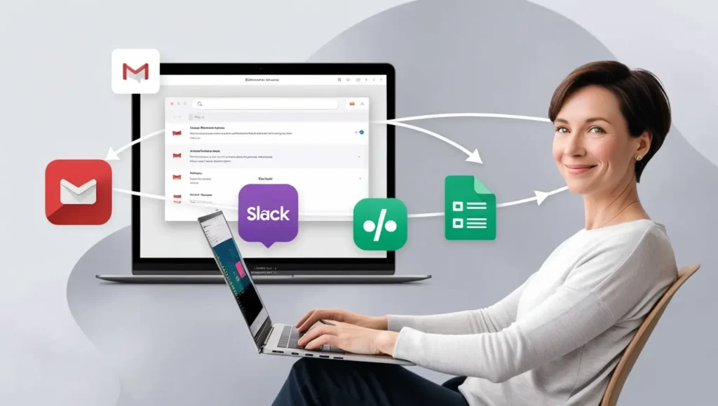 AI Automation: No-code task automation using Zapier with connected app icons.