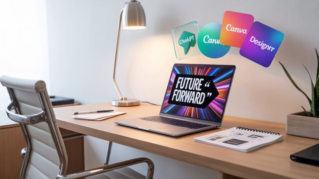 Workspace with laptop and AI tools used to create digital products like eBooks and printables.