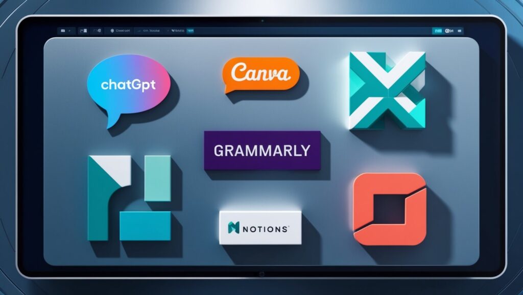 AI tools like ChatGPT, Canva, and Notion on a virtual workspace