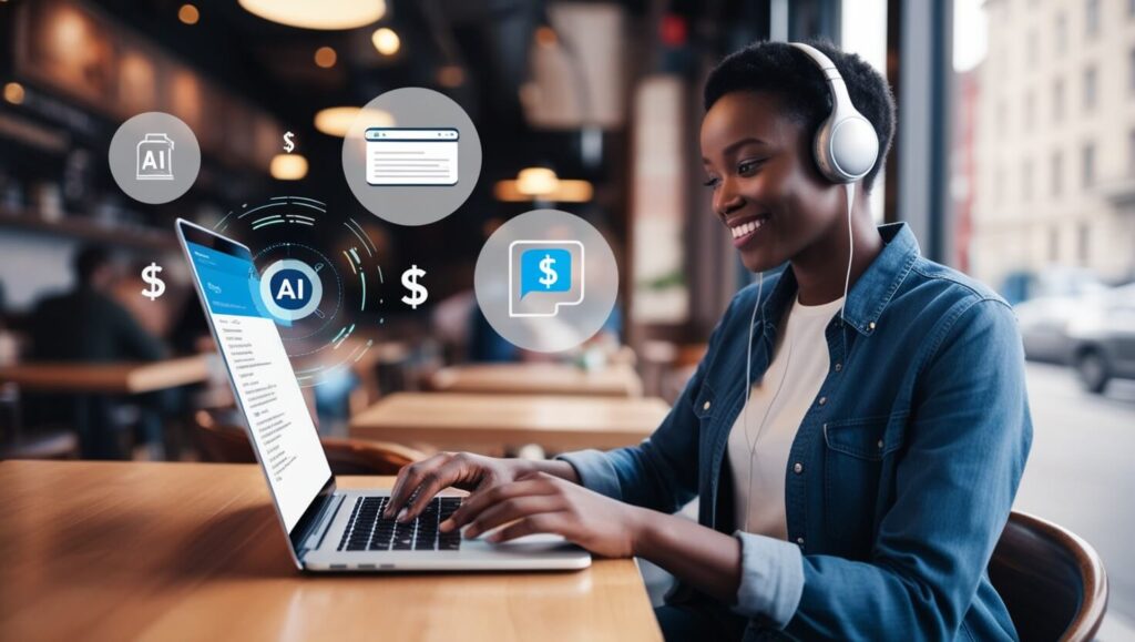 Make Money with AI: Freelancer using AI tools at a café to create content and earn online