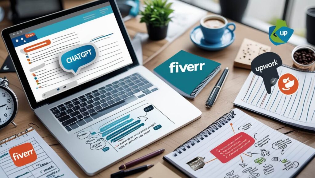 AI freelance: Laptop displaying ChatGPT used for freelance writing gigs, with Fiverr and Upwork nearby