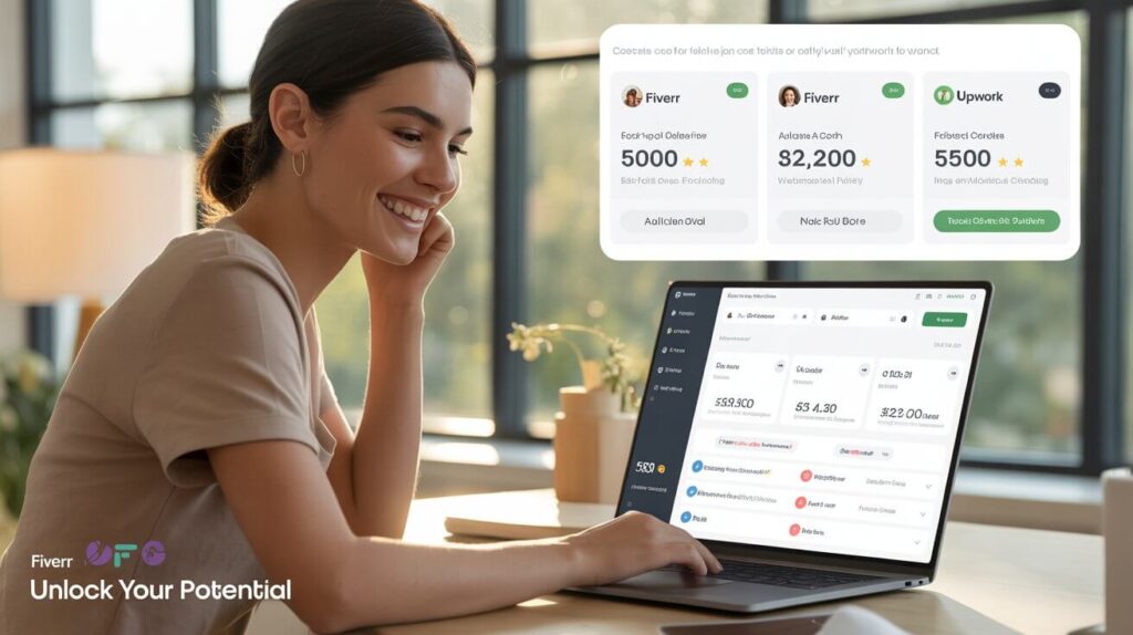 Freelancer reviewing successful Fiverr gigs with AI-generated services