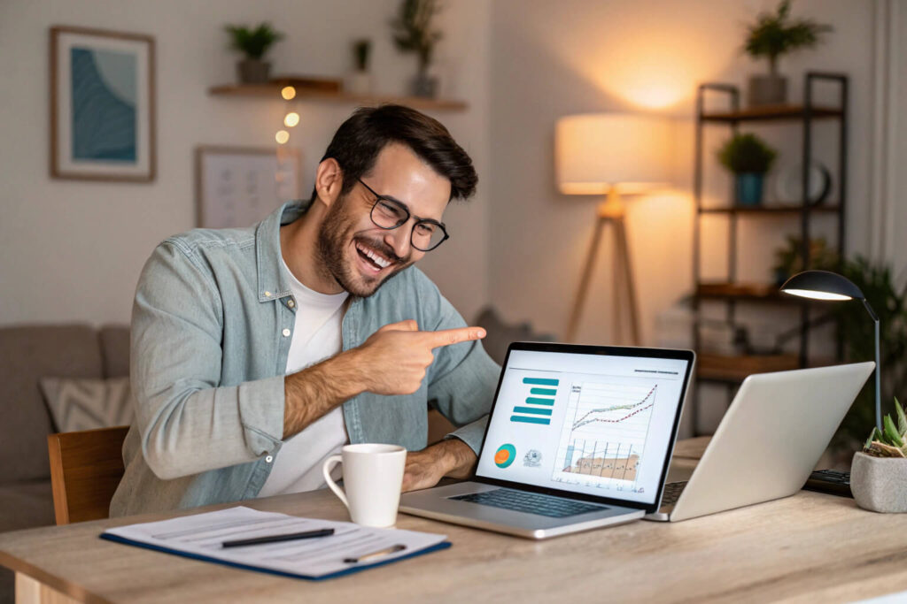 Entrepreneur celebrating successful results from AI funnel using Systeme.io.