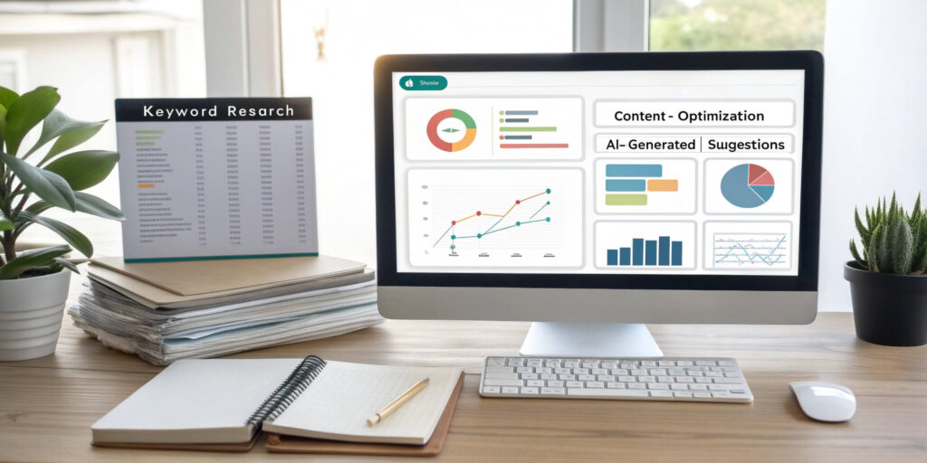 Affiliate blogger smiling at laptop after publishing optimized content with SEMrush