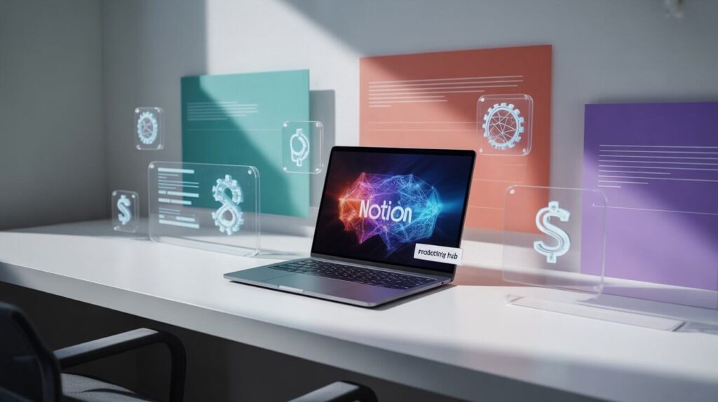 Notion dashboard on a laptop with AI icons and income symbols