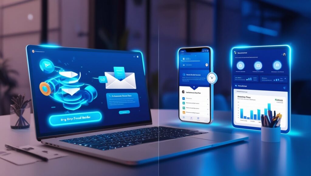 Systeme.io interface showing sales funnel, email automation, and performance dashboard.