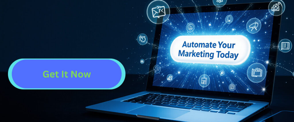 Laptop screen with glowing CTA button "Automate Your Marketing Today" and AI-themed background elements.