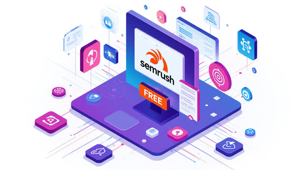 Landing page mockup with CTA button promoting SEMrush AI tools for affiliate marketing