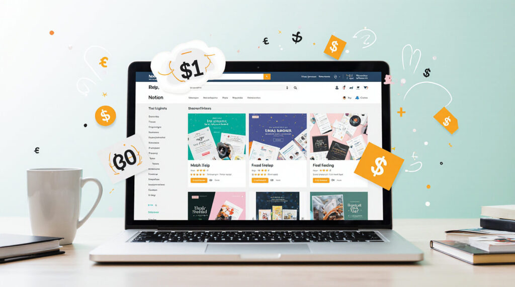 Notion template storefront with sale indicators
