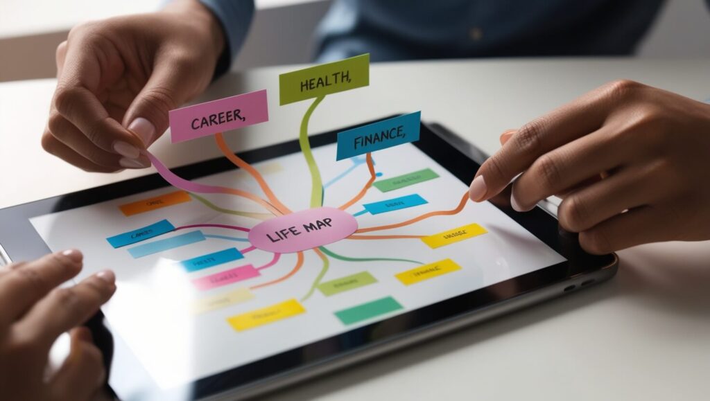 Hands working on a digital mind map for personal goal planning.