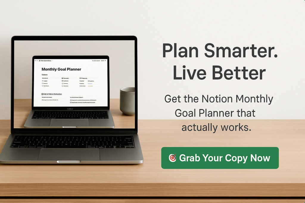 Modern home office setup with Notion planner open on a laptop and a coffee mug nearby