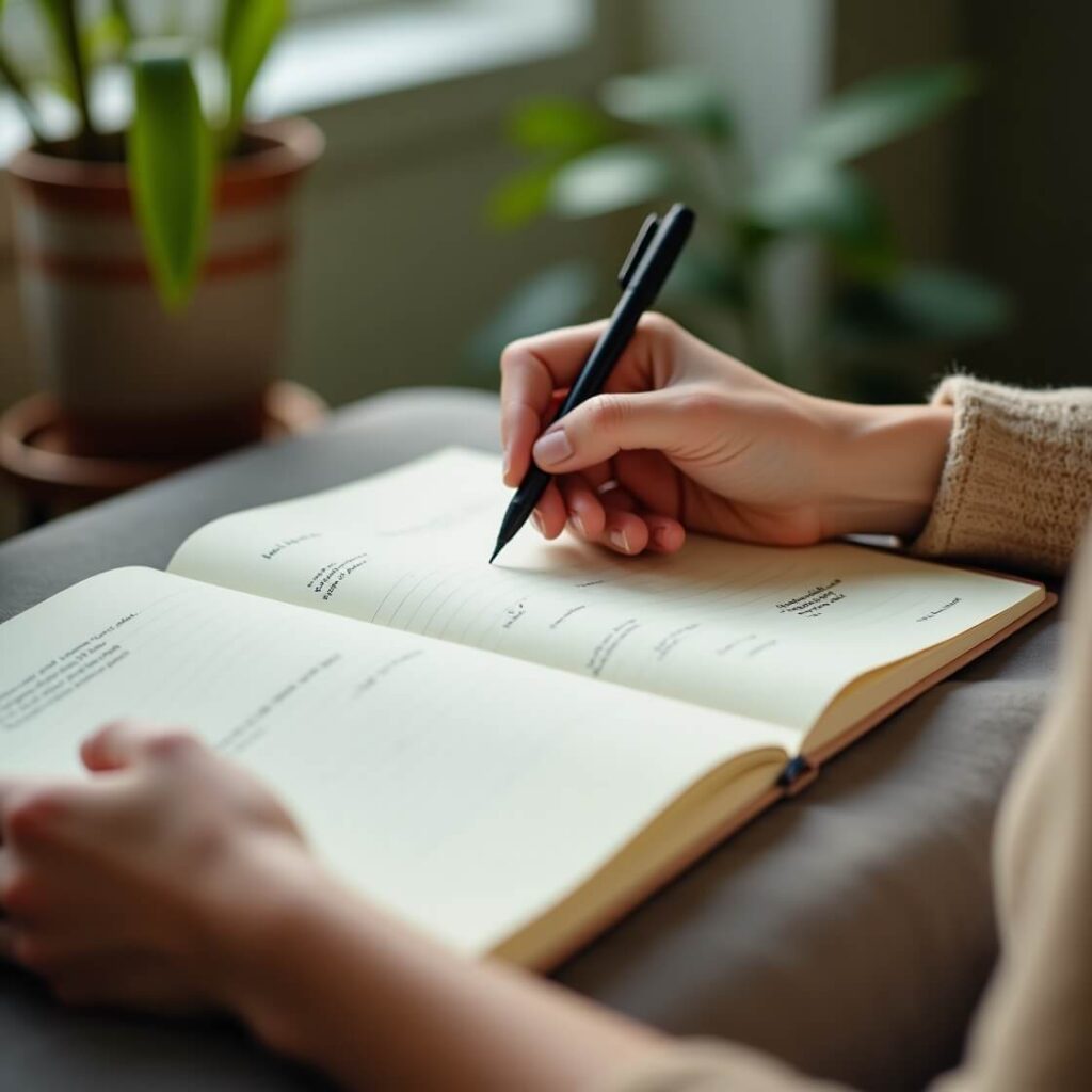 Person highlighting core values in a life vision journal