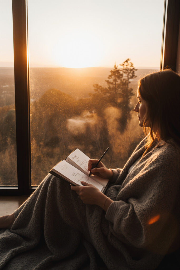 Person journaling peacefully at sunrise with open self Journal