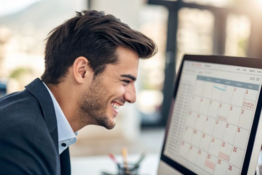 stay focused daily: Focused young professional smiling at a task planning screen.