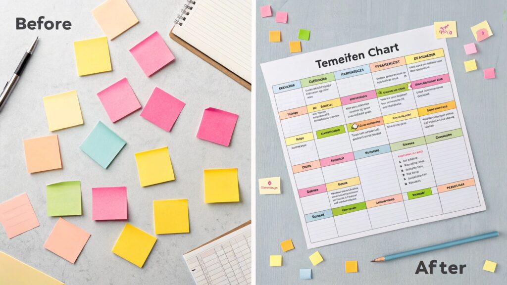 Side-by-side view of disorganized notes vs. a clean digital goal plan.