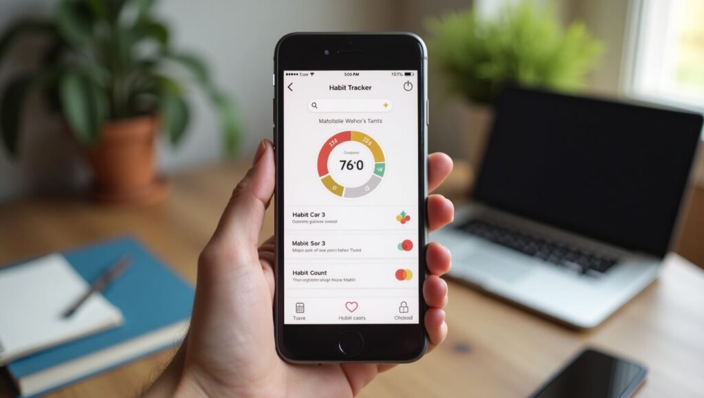 Hand holding smartphone with open habit tracker app, showing progress