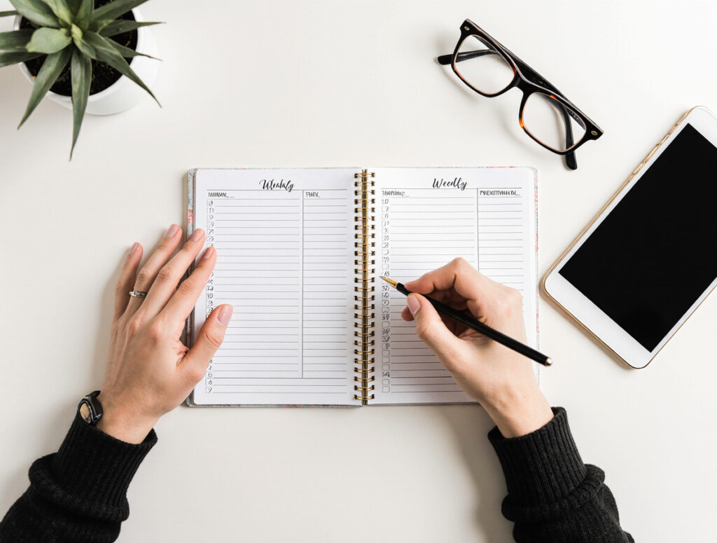 weekly productivity planner ritual: Hands writing weekly goals in an open productivity planner