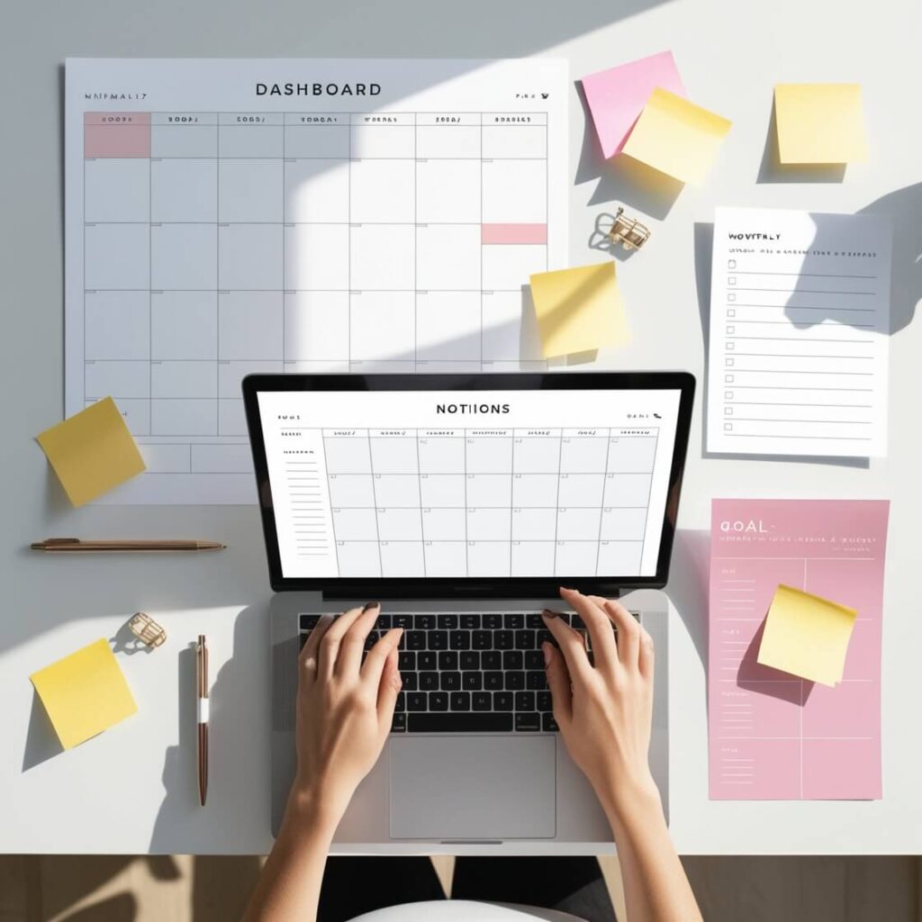 Notion dashboard with monthly goals and sticky notes on a tidy desk