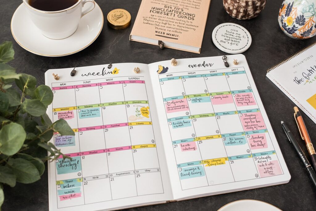 Planner with monthly and weekly goals marked and checkmarks filled in