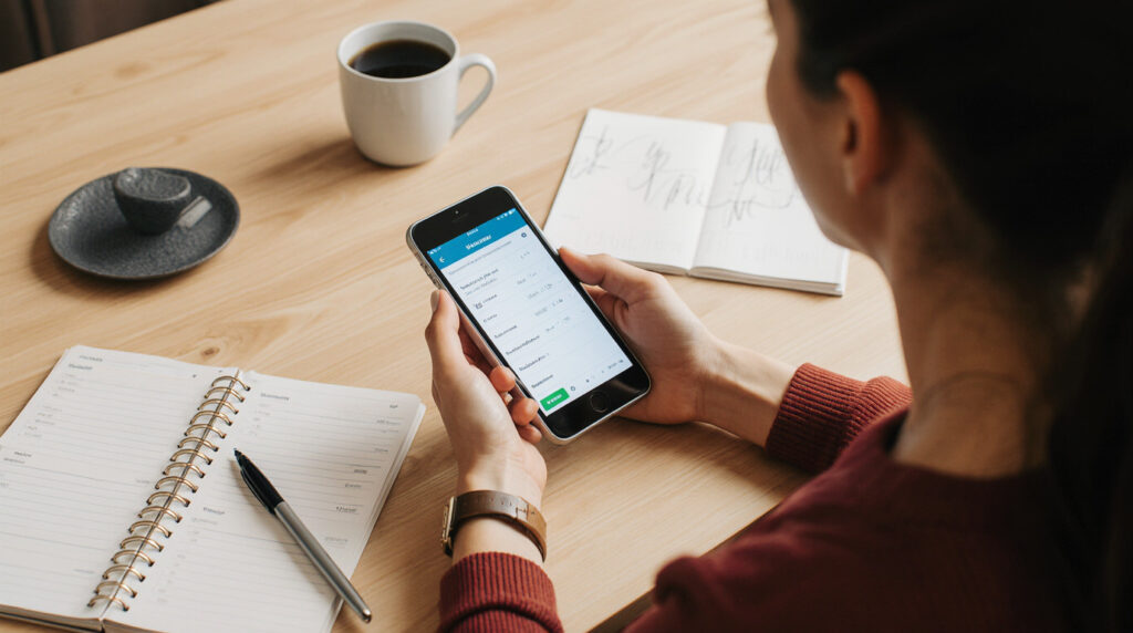 habit tracker app: Smartphone with glowing habit tracker app screen next to journal and coffee
