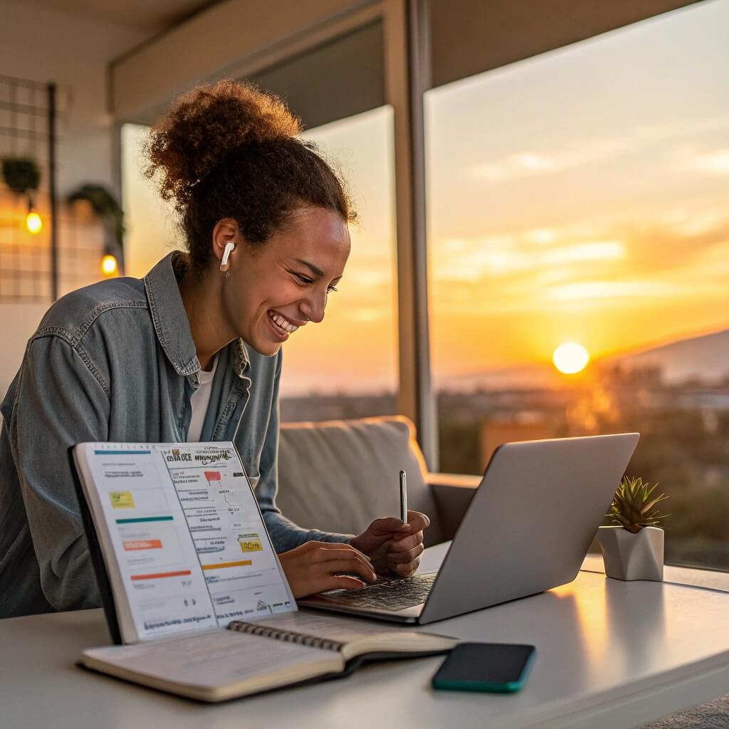 Smiling user checking their monthly progress on Notion digital planner