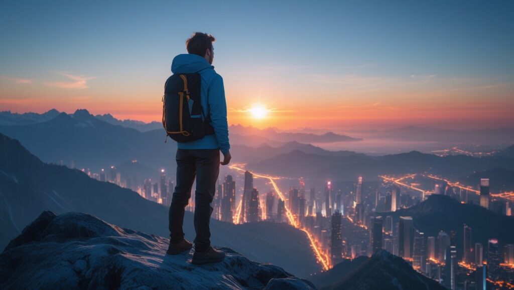 To Create a Life Vision: A person gazing at the horizon from a mountain, symbolizing vision.