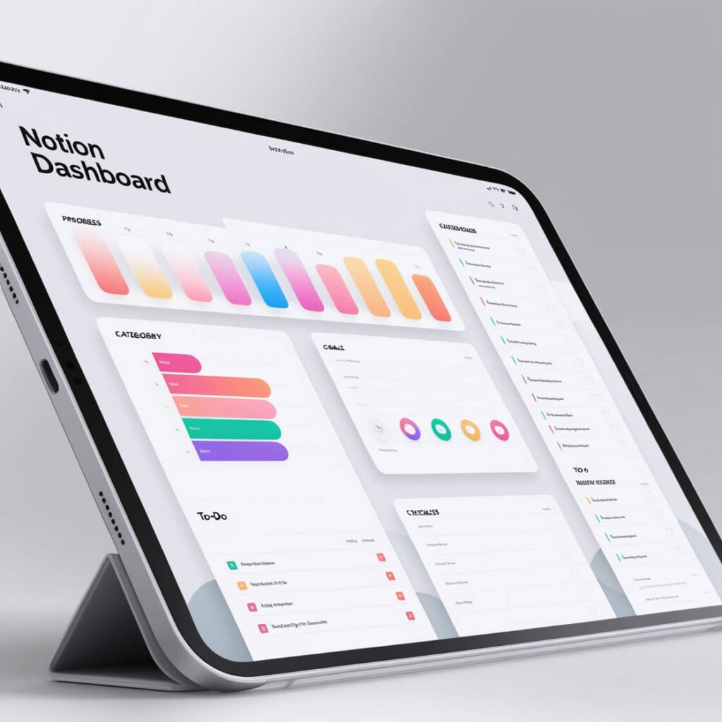 Notion digital planner dashboard with checklists and progress trackers