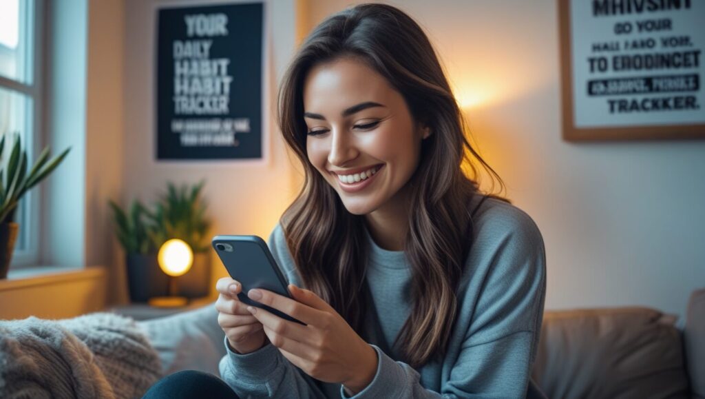 The daily habits for goal success: Happy woman using a habit tracker app in a cozy room