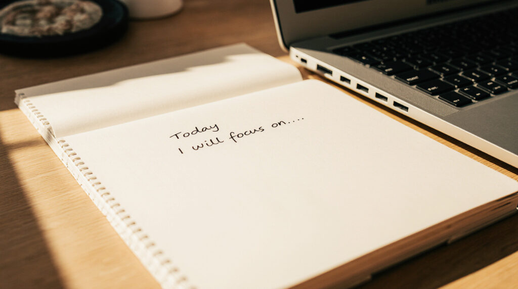 Minimalist desk with a journal open to a page titled “Today I will focus on...”.
