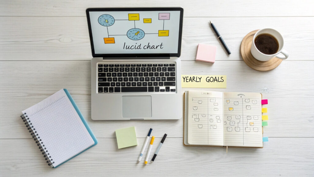 A goal planner setup with Lucidchart and a yearly vision journal.