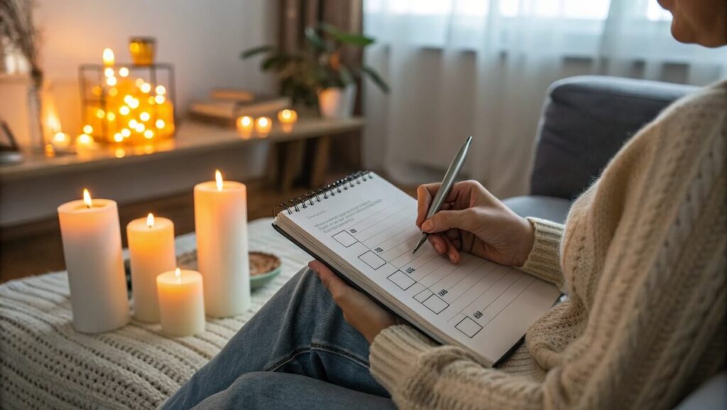 Building the goal planning system: Person journaling in a productivity planner during weekly review