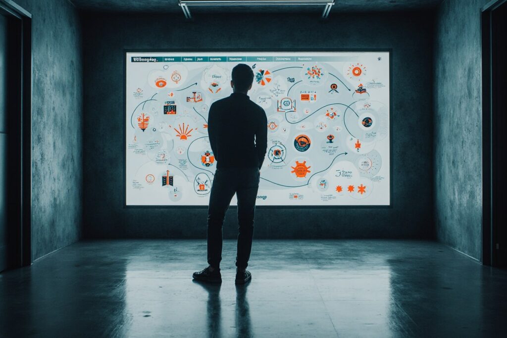 Makes a Great 1-Year and 5-Year Plan Work: Person viewing a large digital 5-year life plan with milestones.