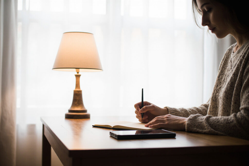 Calm evening moment with tea and journaling, phone face-down