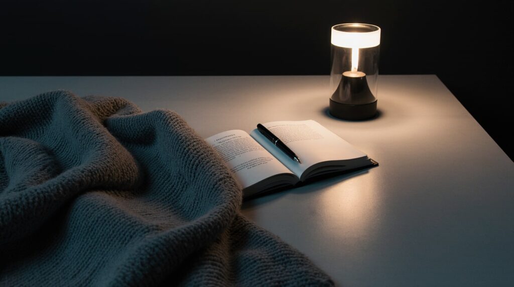 A quiet space for evening reflection with a small journal on a bedside table.