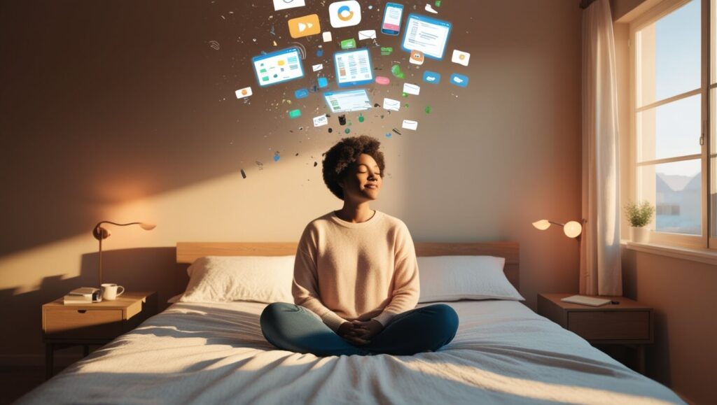 A person easing into the morning with clarity, digital stress fading away