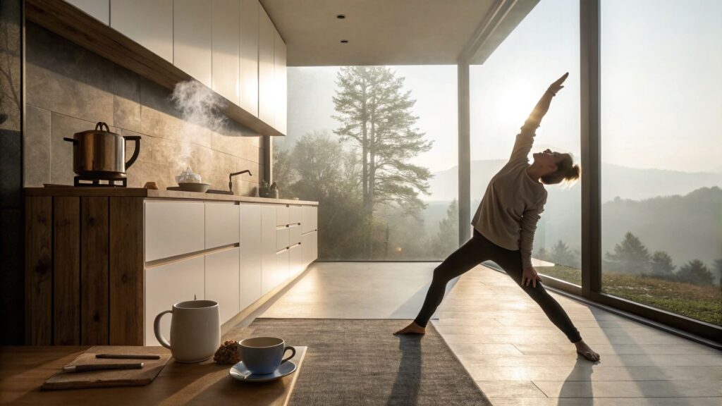 Light morning stretching beside a cup of tea in a peaceful kitchen.