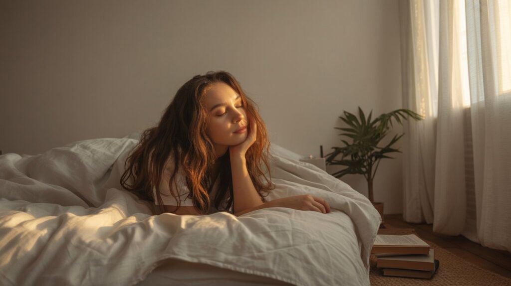 A young person waking up in soft natural light, beginning a peaceful day.