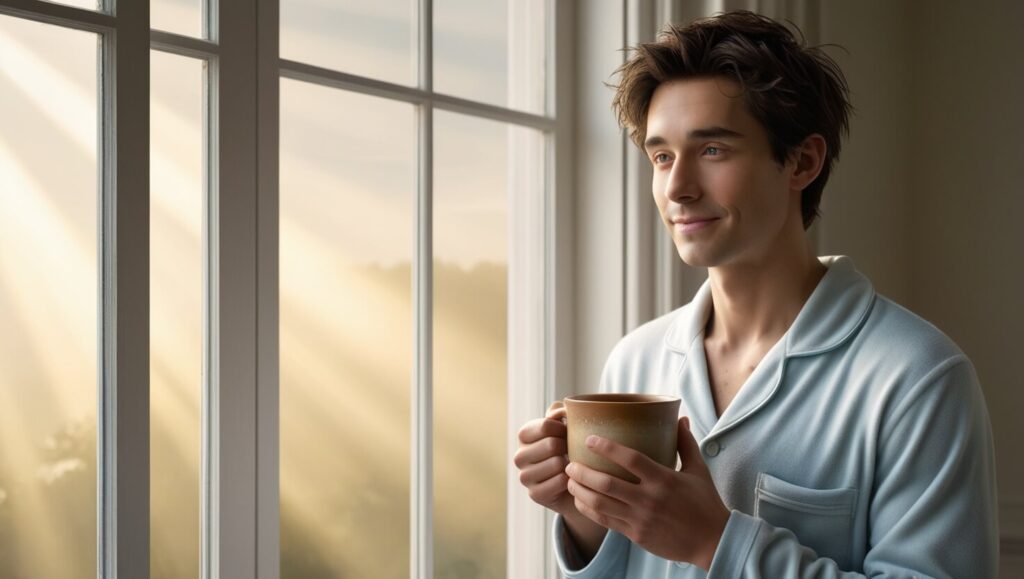 Morning Routine Productivity: Someone enjoying a quiet moment with tea at sunrise, away from distractions.
