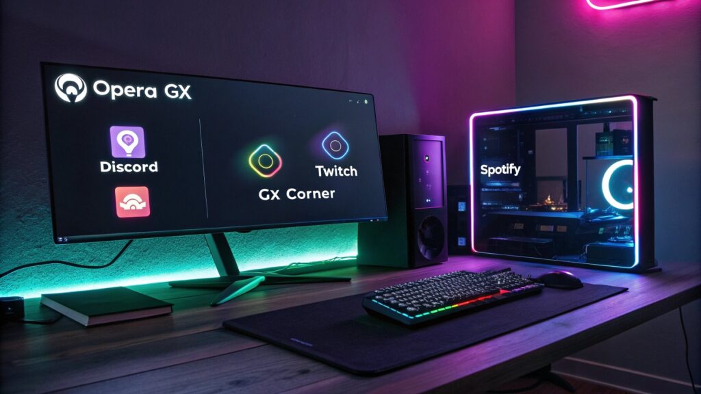 Opera GX built-in gamer features like GX Corner, Discord, and Twitch.