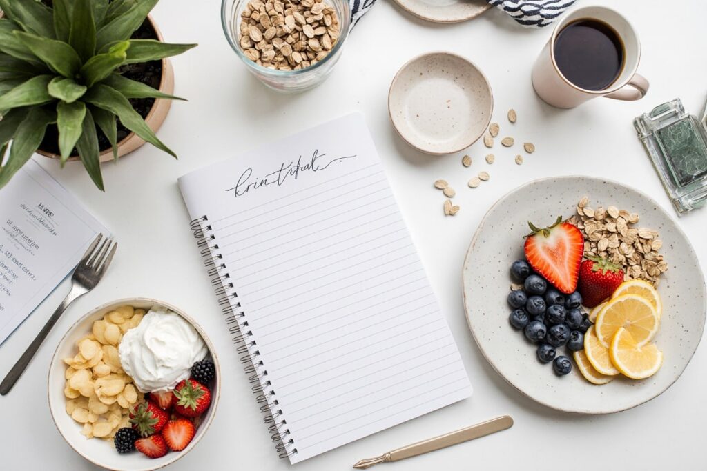 A notebook with “Top 3 Priorities” and a simple healthy breakfast.