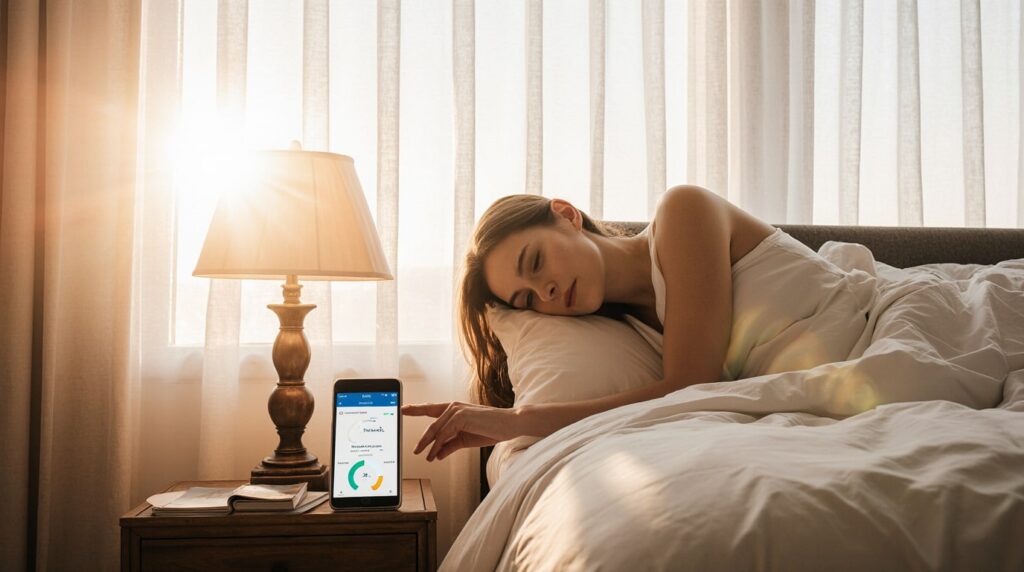 Phone with Sleep Cycle app on nightstand next to person waking up naturally.