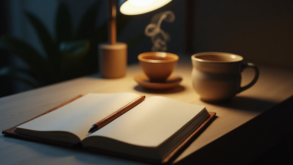 Evening routine success: A minimalist evening journaling space with a soft glow and calming energy.