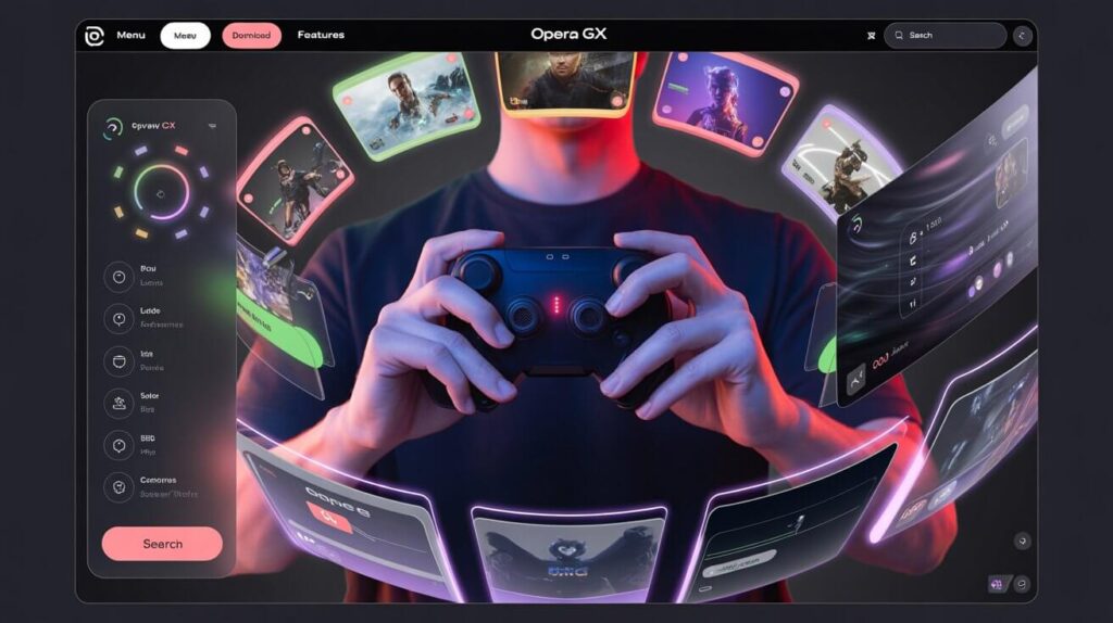 Gamer switching from Chrome to Opera GX browser with a neon cyberpunk interface