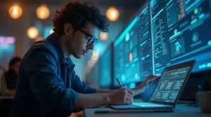 Person using AI tools to create content and generate online income