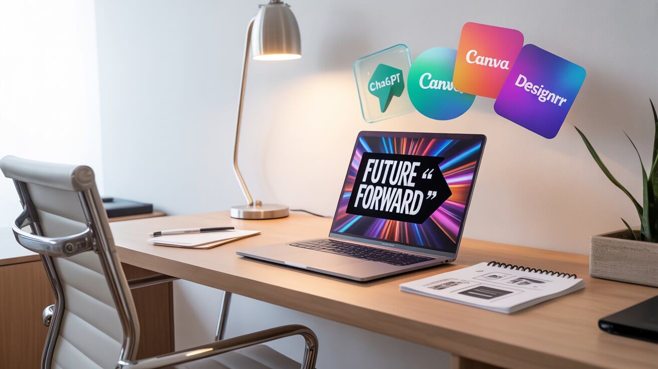 Workspace with laptop and AI tools used to create digital products like eBooks and printables.