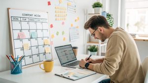 Freelancer planning content using AI for social media and email writing