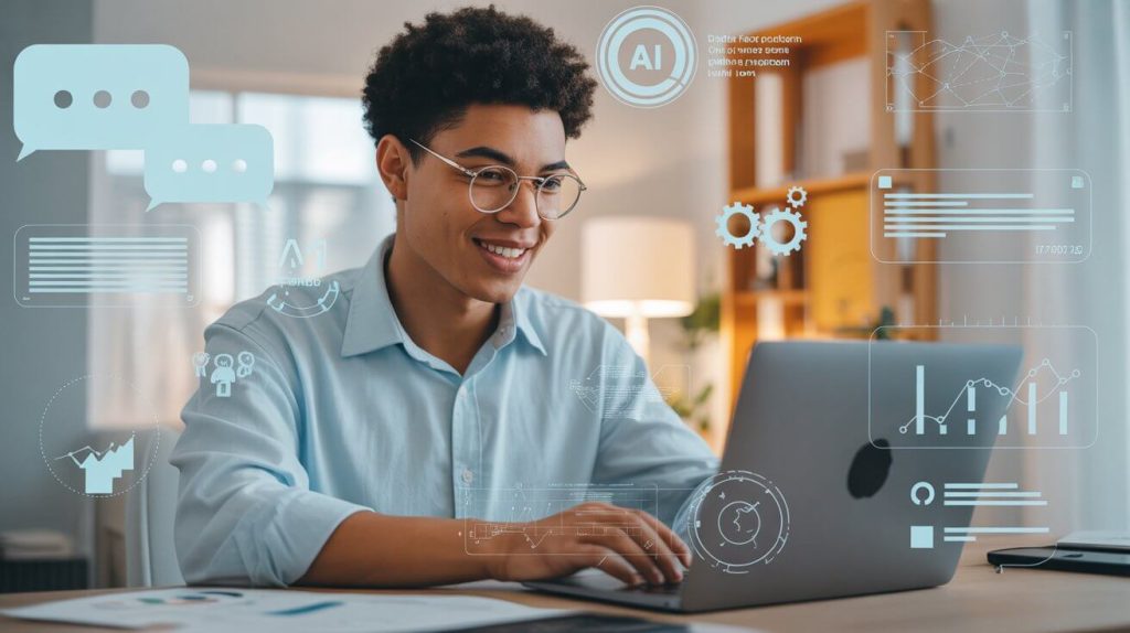 Beginner using AI tools on a laptop to make money online from home